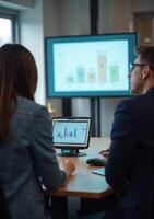 Two people sitting at a table with a laptop and a projector photo