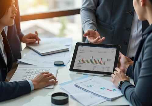 Business people working on a tablet computer photo