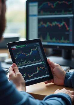 Man using tablet with stock market information photo