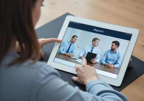 A woman is using an ipad to show a of a meeting photo
