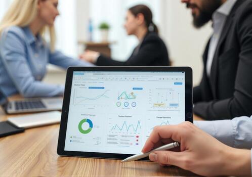 A man is using a tablet to show graphs on a screen photo
