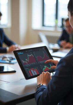 A man in a suit is using a tablet computer photo