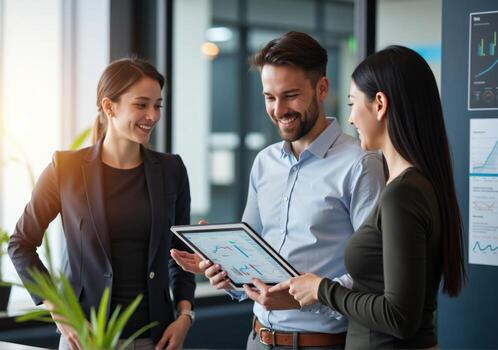 Three business people looking at a tablet computer photo