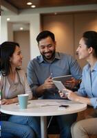 A group of people sitting around a table with a tablet photo