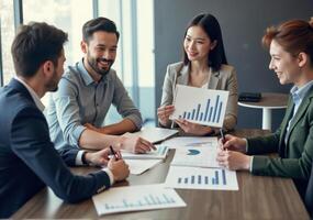 Business people sitting at table with graphs and papers photo