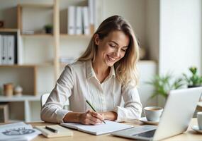 A smiling woman is writing on a piece of paper while sitting at a desk photo