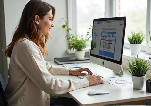 A woman is sitting at a desk with a computer photo