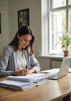 A woman in a business suit is writing on a piece of paper photo