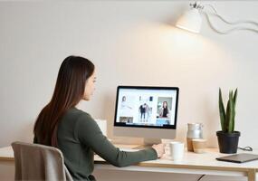 A woman sitting at a desk with a laptop and a plant photo