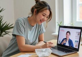 A woman is sitting at a table with a laptop and a pen photo