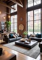 An industrial style living room with lots of windows photo