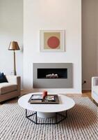 A modern living room with a fireplace and a coffee table photo