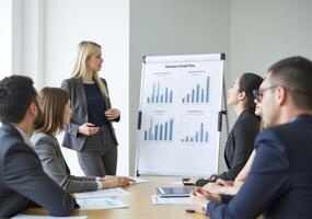 A woman in a business suit giving a presentation to her colleagues photo