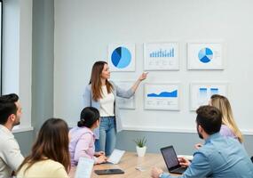 A woman is giving a presentation to a group of people photo