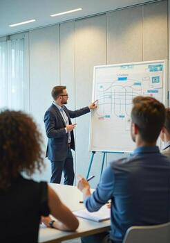 A man in a suit is giving a presentation to a group of people photo