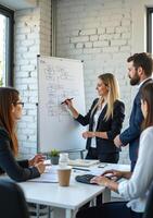 Business people in meeting room with whiteboard photo