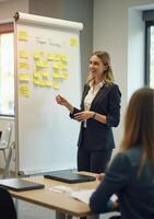 A woman in a business suit is giving a presentation photo