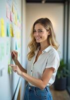 A woman is standing in front of a wall with sticky notes on it photo