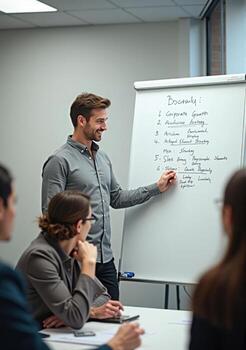 A man is giving a presentation to a group of people photo