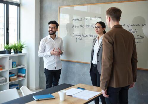 Three people standing in front of a whiteboard photo