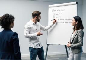 A man and woman are standing in front of a whiteboard photo