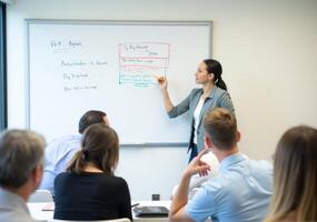 A woman is writing on a white board while others listen photo
