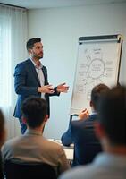 A man in a suit giving a presentation to a group of people photo