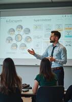 A man giving a presentation to a group of people photo