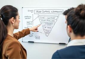 A woman pointing to a whiteboard with a funnel diagram photo