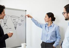 A man and woman are pointing to a whiteboard with a funnel diagram photo