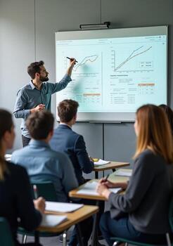 A man is giving a presentation to a group of people photo
