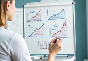 A woman is writing on a whiteboard with graphs photo