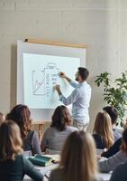 A man is giving a presentation to a group of people photo