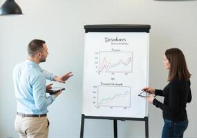 A man and woman standing in front of a whiteboard photo