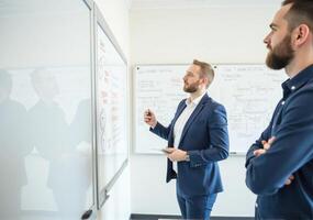 Two men in suits standing in front of a whiteboard photo