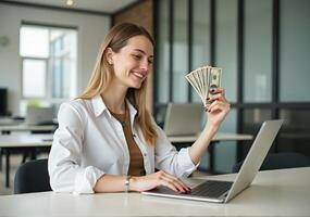 A woman is sitting at a table with a laptop and money photo