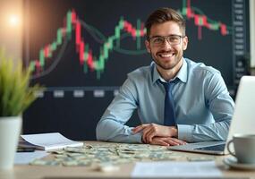 A smiling man in a suit sitting at a desk with money photo