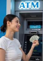 A woman holding money in front of an atm machine photo