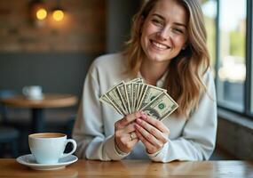 A woman holding up money in front of a coffee cup photo