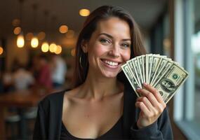 A woman holding up a stack of money photo