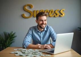 A smiling man sits at a desk with a laptop and money photo