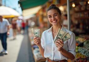 A woman holding money in front of a market photo