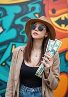 A woman in sunglasses and a hat holding money photo