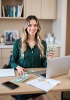 A woman sitting at a desk with money and a laptop photo