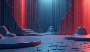 A 3d rendering of a room with red and blue lights photo