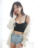 Korean woman in soft seductive pose, wearing casual outfit, bright white backdrop photo