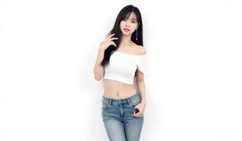 Asian woman in jeans posing for the camera photo