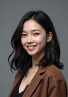 An asian woman with dark hair and a brown jacket photo