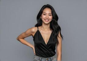 Asian woman in black top and jeans posing for a photo
