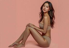 A woman in a tan bikini sitting on the floor photo